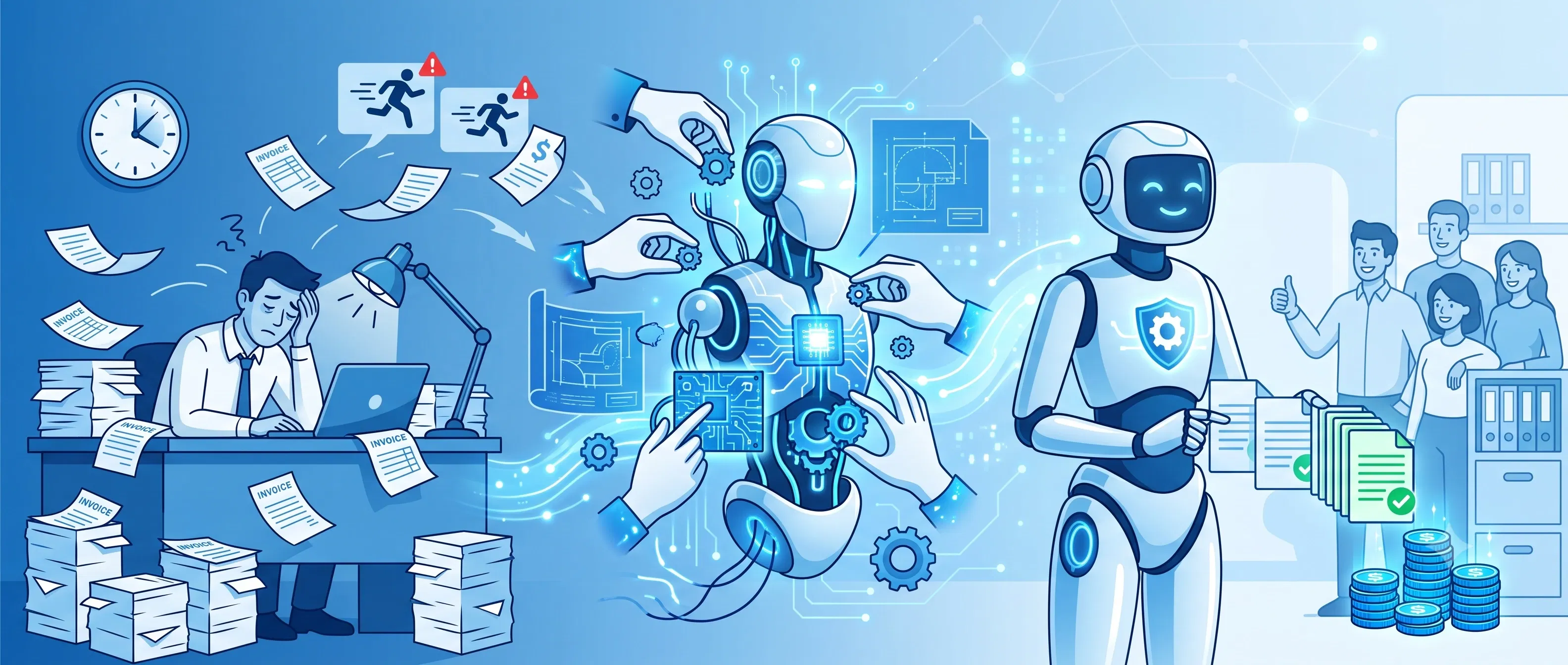 Illustration of an AI billing agent automating invoice processing at a translation agency