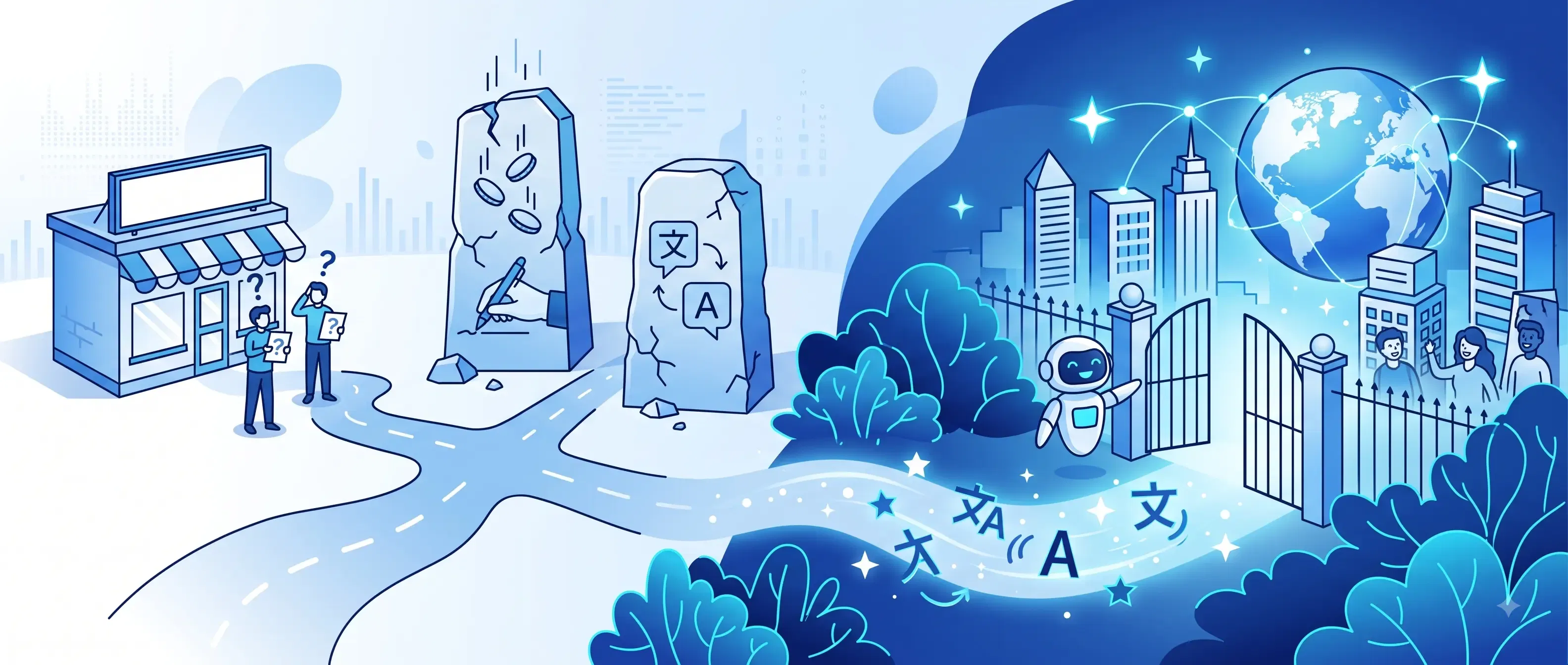 A blue vector illustration contrasting traditional business hurdles on the left—represented by confused shop owners blocked by crumbling stone monoliths of high costs and manual translation—with an AI-driven global future on the right, where a friendly robot opens a gate leading toward a connected city under a glowing globe.
