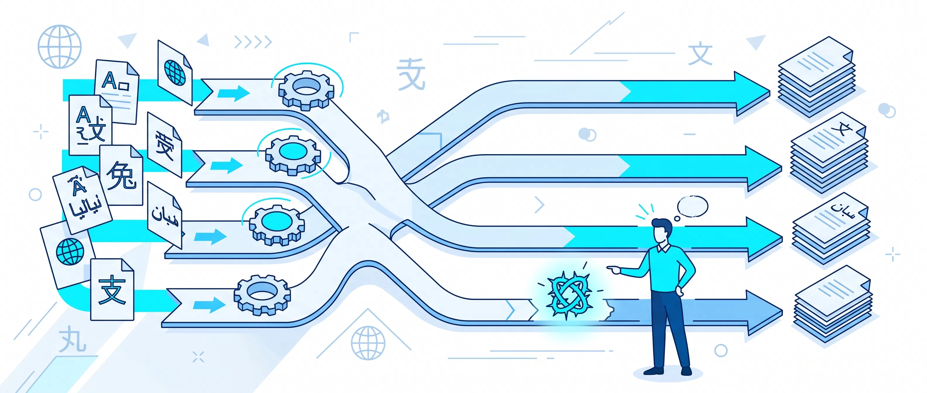 A cyan and blue vector illustration depicting an automated translation and document processing pipeline. Multilingual documents pass through processing tracks with gears; while three pathways successfully deliver organized stacks of translated documents, a man points out a tangled knot representing an error or bottleneck on the fourth track.