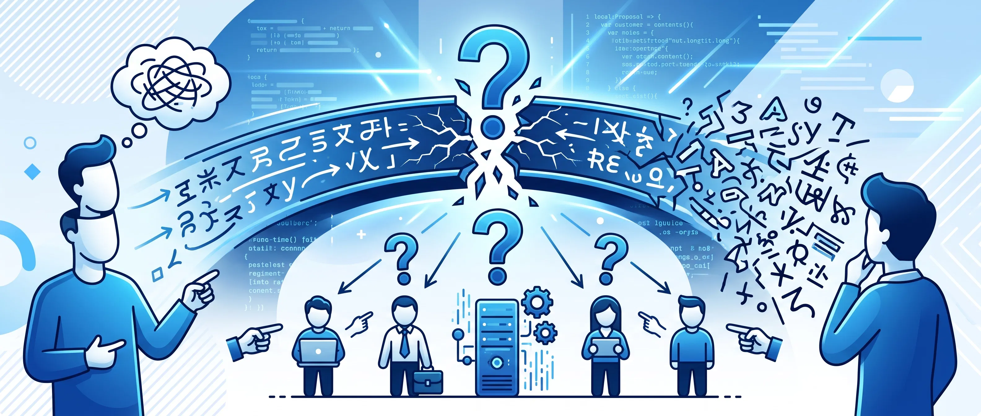 A blue vector illustration depicting a broken translation pipeline, featuring a snapped central arch with question marks, jumbled characters spilling out, and team members pointing fingers in confusion.