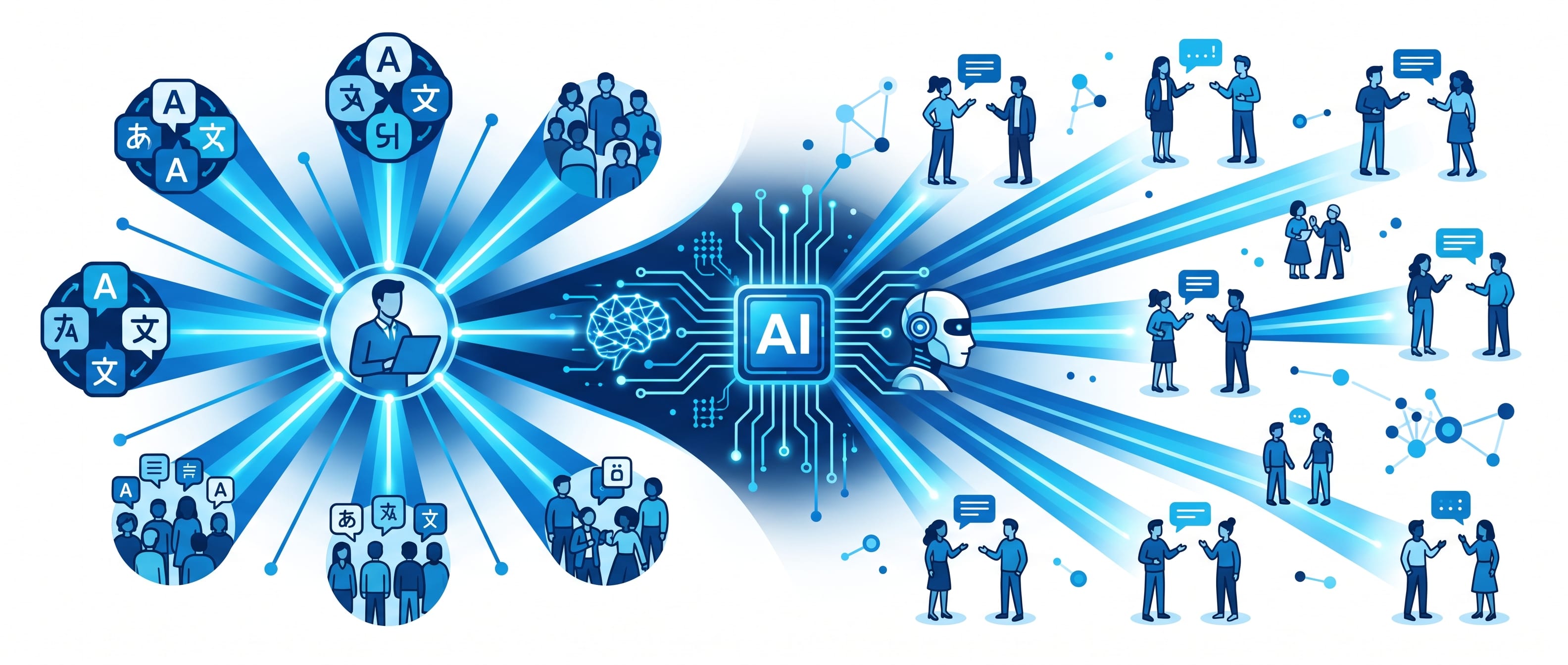Diagram showing translation shifting from one-to-many (one translator serving thousands of readers) to one-to-one (a fresh AI translation generated per reader)