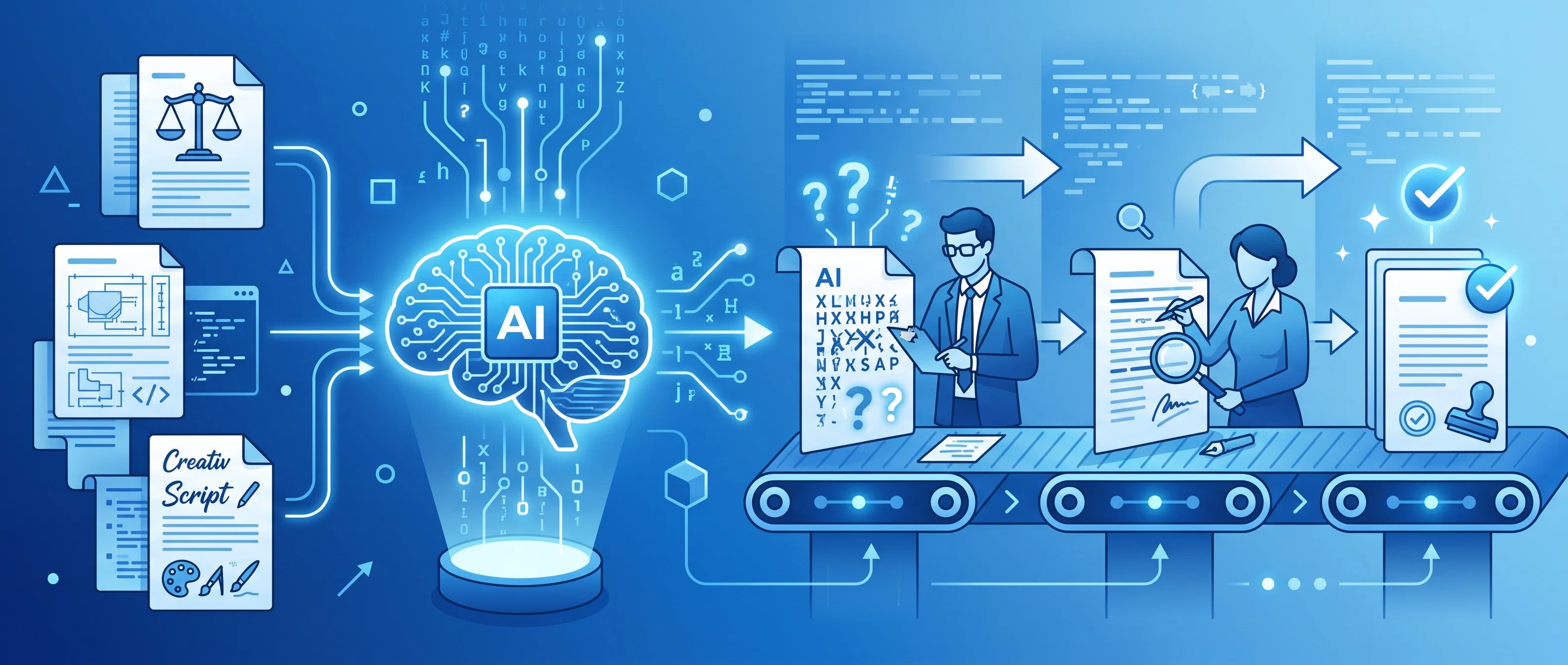 A blue vector showing an AI document processing workflow, where legal, technical, and creative inputs pass through a glowing AI brain onto an assembly line for human review, editing, and final quality stamp approval.