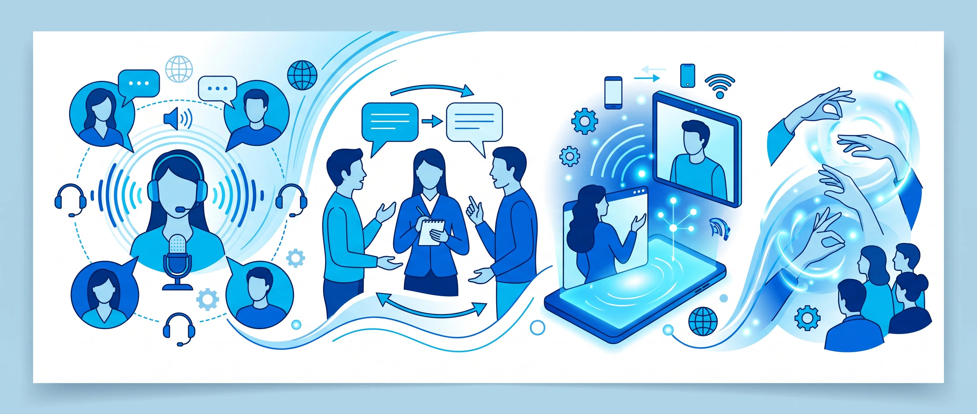 A blue vector depicting various forms of communication and interpretation services, including call center audio translation, in-person meeting interpretation, video remote interpreting, and sign language translation.