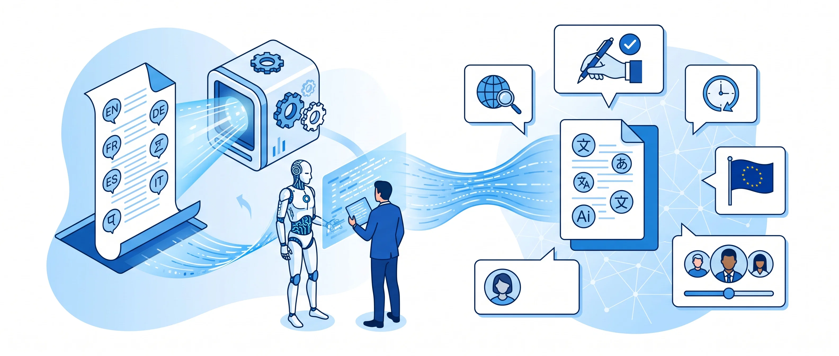A blue vector illustration depicting AI-assisted document translation, showing multi-language source documents scanned by an automated machine, a human professional collaborating with a robot at a digital terminal, and localized output accompanied by quality, speed, and global compliance icons.