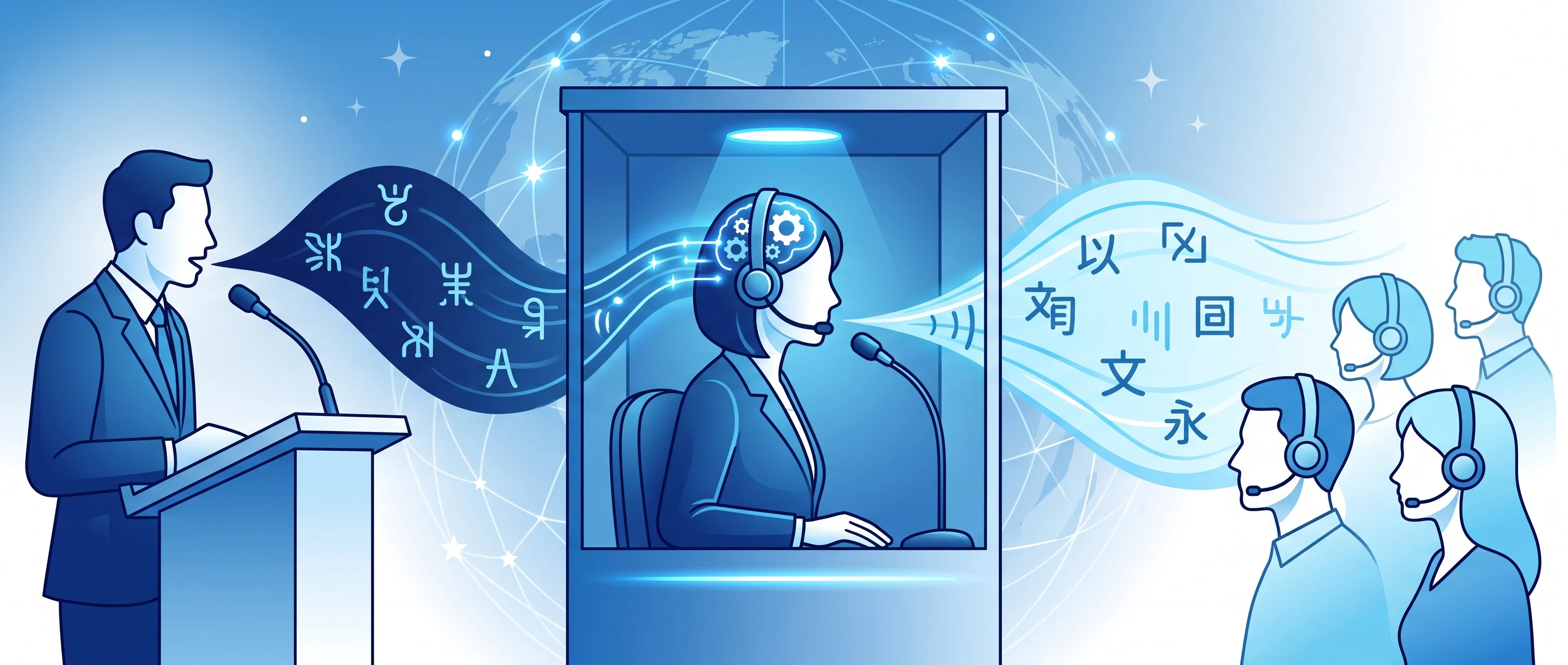 A blue vector illustration depicting simultaneous interpretation, showing a speaker at a podium whose speech passes into an interpreter booth equipped with cognitive or AI assistance, delivering real-time translated audio to listeners wearing headsets.