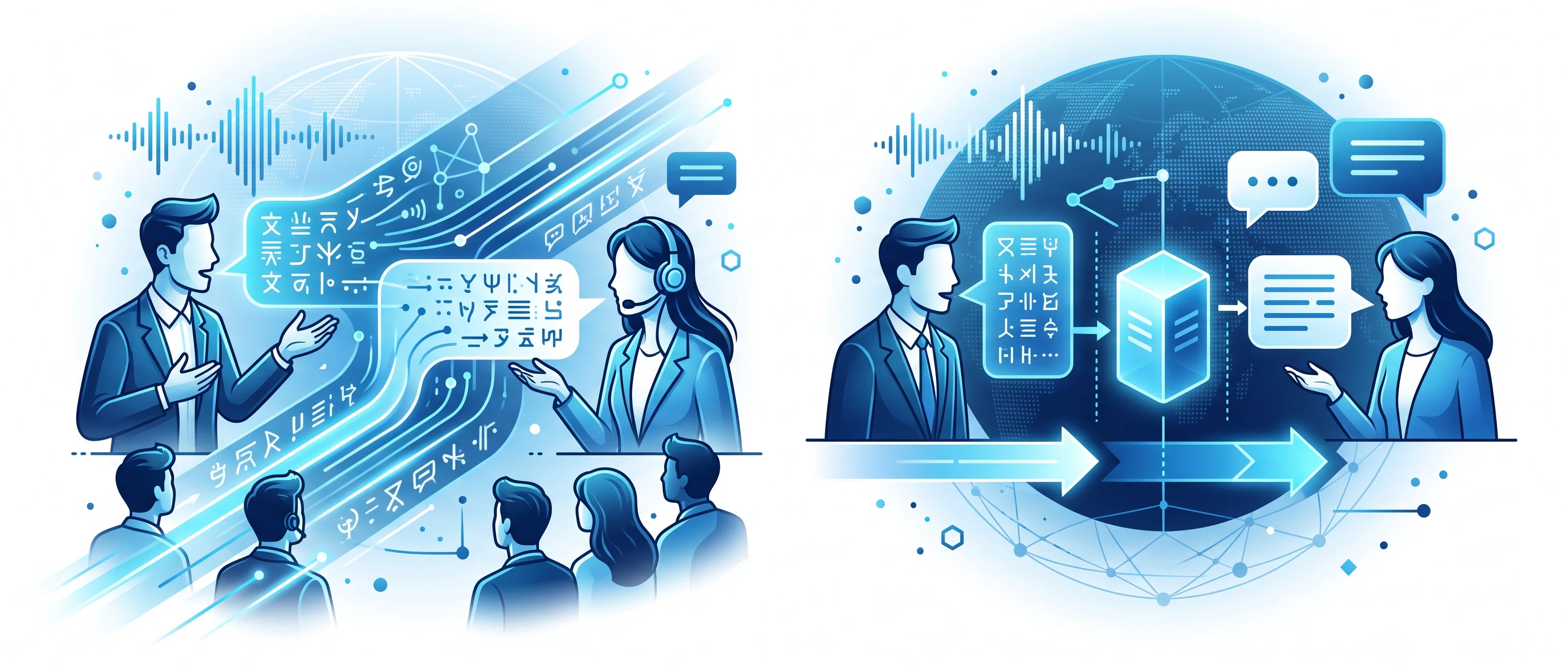 A blue vector illustration comparing live human-assisted interpretation on the left—where a speaker's words flow through an interpreter with a headset to an audience—with automated server-based AI translation on the right, connecting two speakers across a global network.