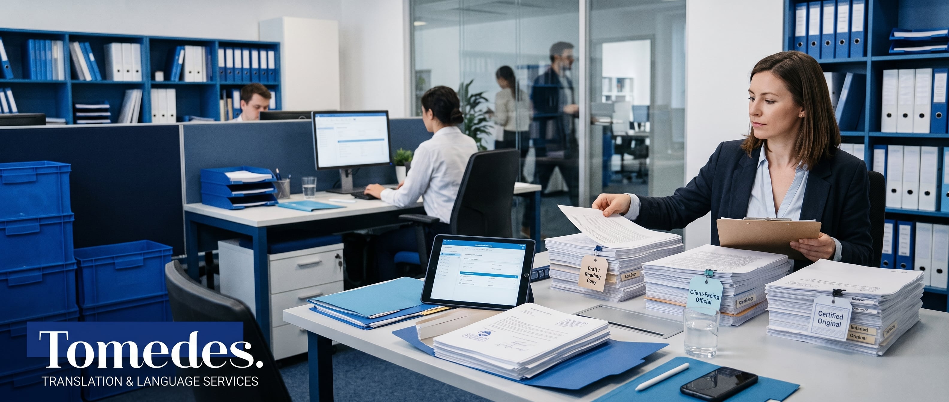Three stacks of documents sorted into reading copies, client-facing files, and certified originals, each tagged with a translation route