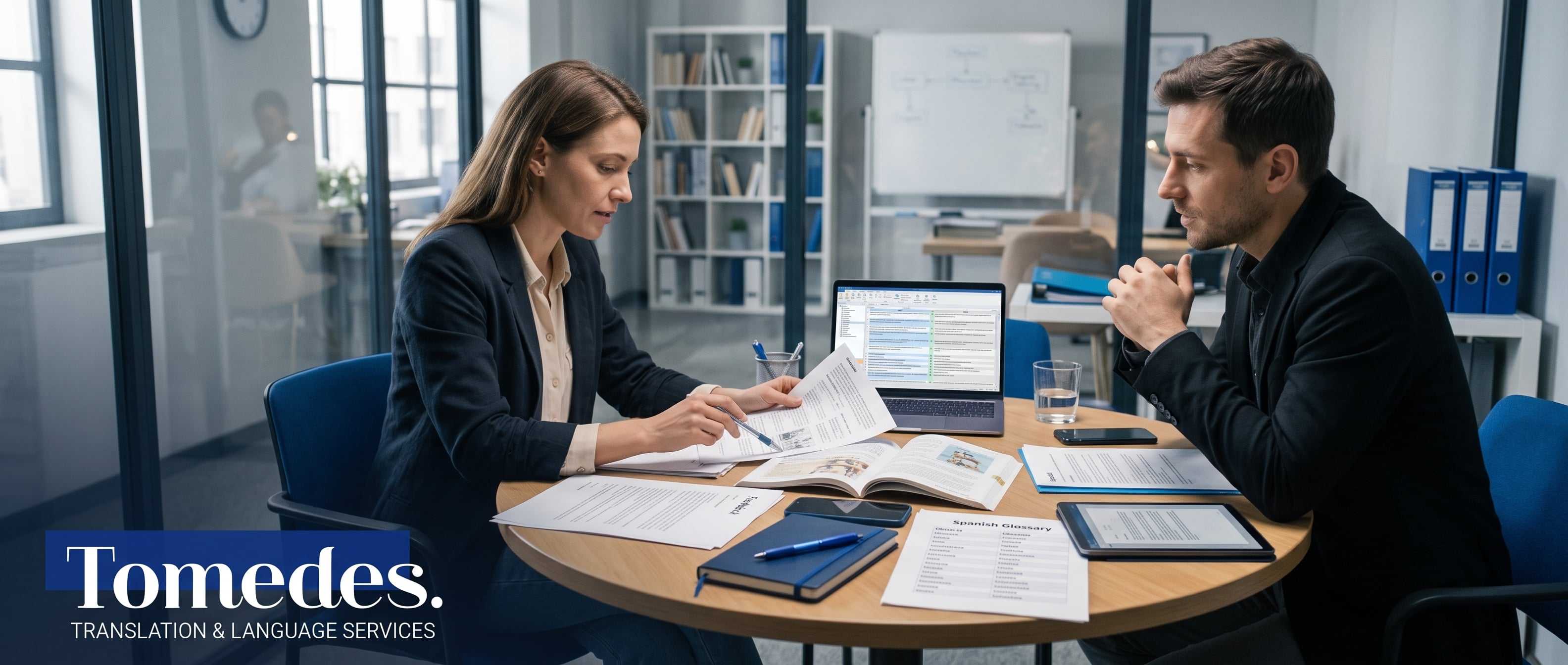 Project manager comparing a client's printed feedback letter with a translated textbook page and a Spanish glossary on a desk